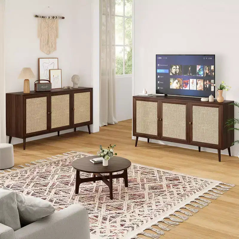 Madia Moderna con 3 Ante in Rattan, Mobile Contenitore con 5 Gambe, Credenza da Cucina per Soggiorno, Ingresso, Marrone