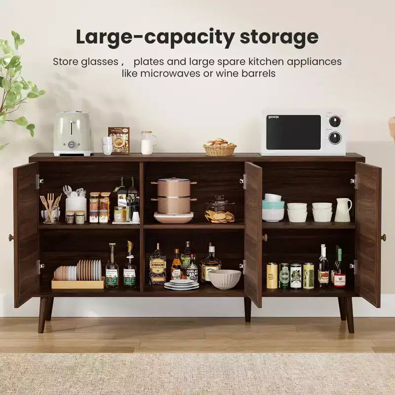 Madia Moderna con 3 Ante in Rattan, Mobile Contenitore con 5 Gambe, Credenza da Cucina per Soggiorno, Ingresso, Marrone