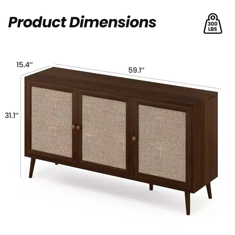 Madia Moderna con 3 Ante in Rattan, Mobile Contenitore con 5 Gambe, Credenza da Cucina per Soggiorno, Ingresso, Marrone