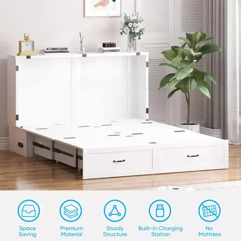 Letto Murphy Queen Size a Cassettone con Vano Contenitore e Ricarica, Materasso Opzionale