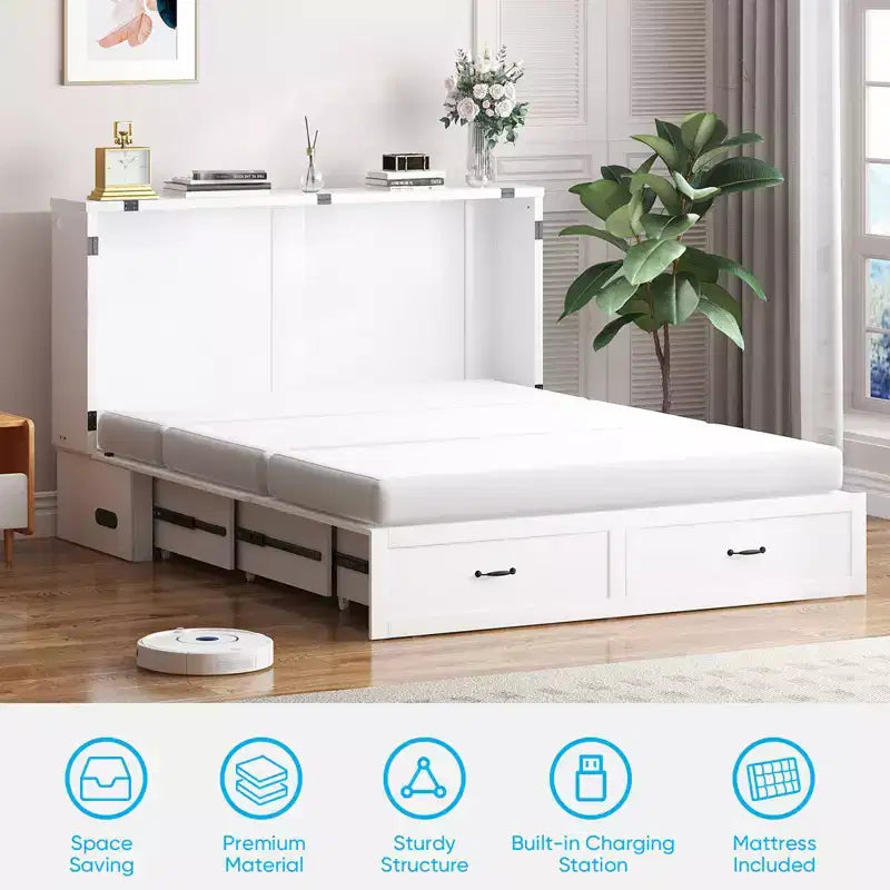Letto Murphy Queen Size a Cassettone con Vano Contenitore e Ricarica, Materasso Opzionale