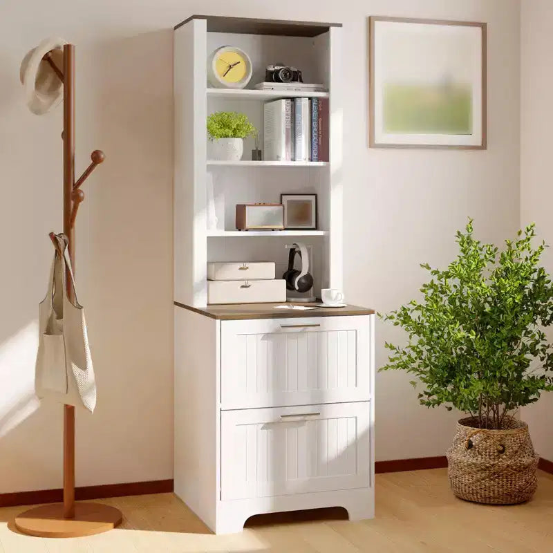 72 Tall Bookcase with 2 File Drawers, 4 Tier Wood Bookshelf with Adjustable Shelves, Freestanding Display Storage Cabinet for Office Living Room
