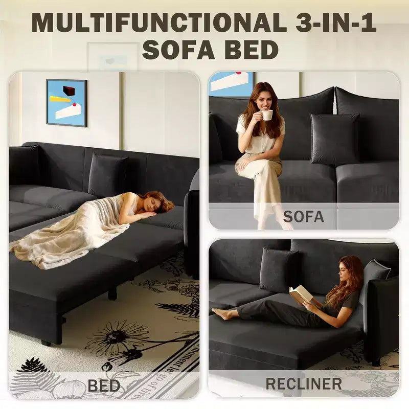 Divano moderno a 3 posti in velluto, divano letto estraibile king-size, divano letto convertibile 3-in-1 con 3 cuscini