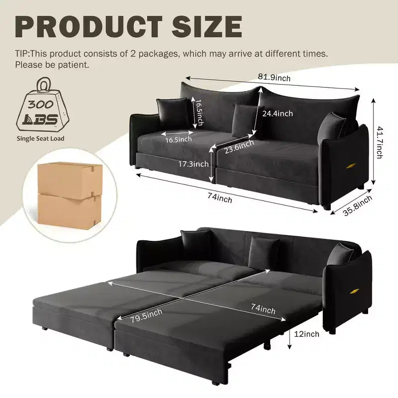 Divano moderno a 3 posti in velluto, divano letto estraibile king-size, divano letto convertibile 3-in-1 con 3 cuscini