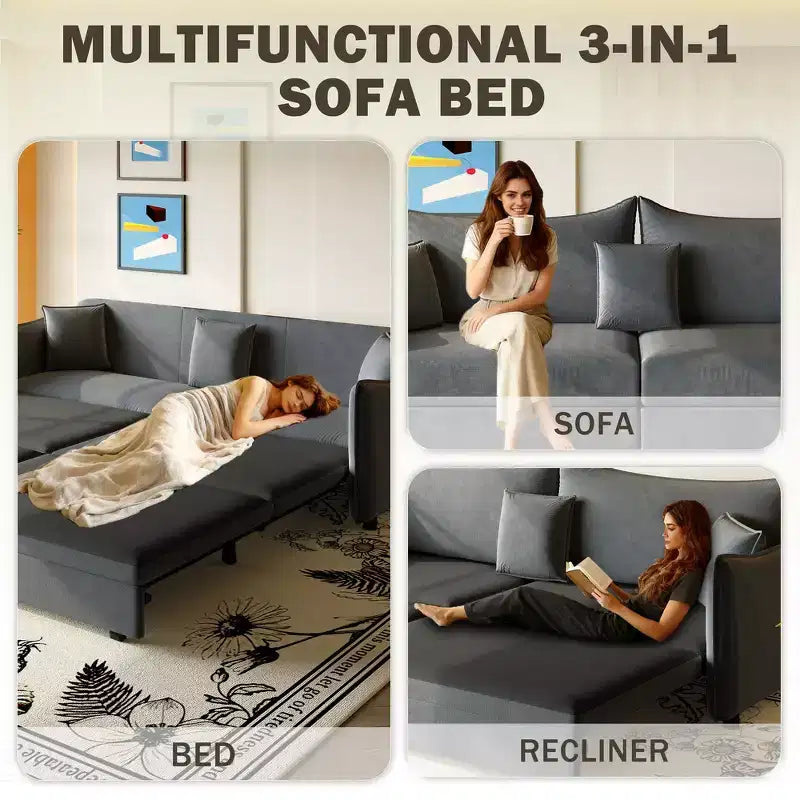 Divano moderno a 3 posti in velluto, divano letto estraibile king-size, divano letto convertibile 3-in-1 con 3 cuscini