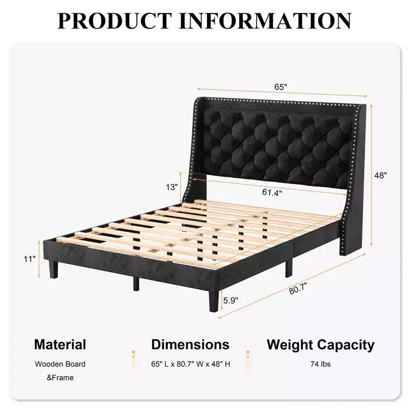 Giroletto con testiera ad ala, letto matrimoniale queen size con testiera trapuntata e rivestita in velluto, supporto a doghe in legno, non è necessaria la rete a molle, nero