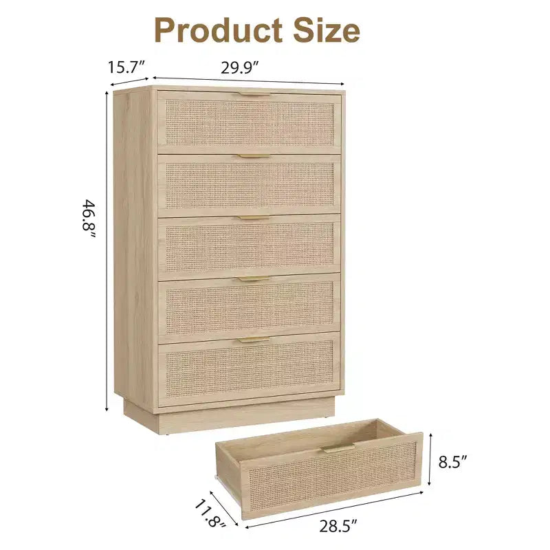 Comodino a 5 cassetti in rattan per camera da letto, corpo e gambe del mobile integrati, cassettiera in legno per corridoi, ingressi e armadi, facile montaggio