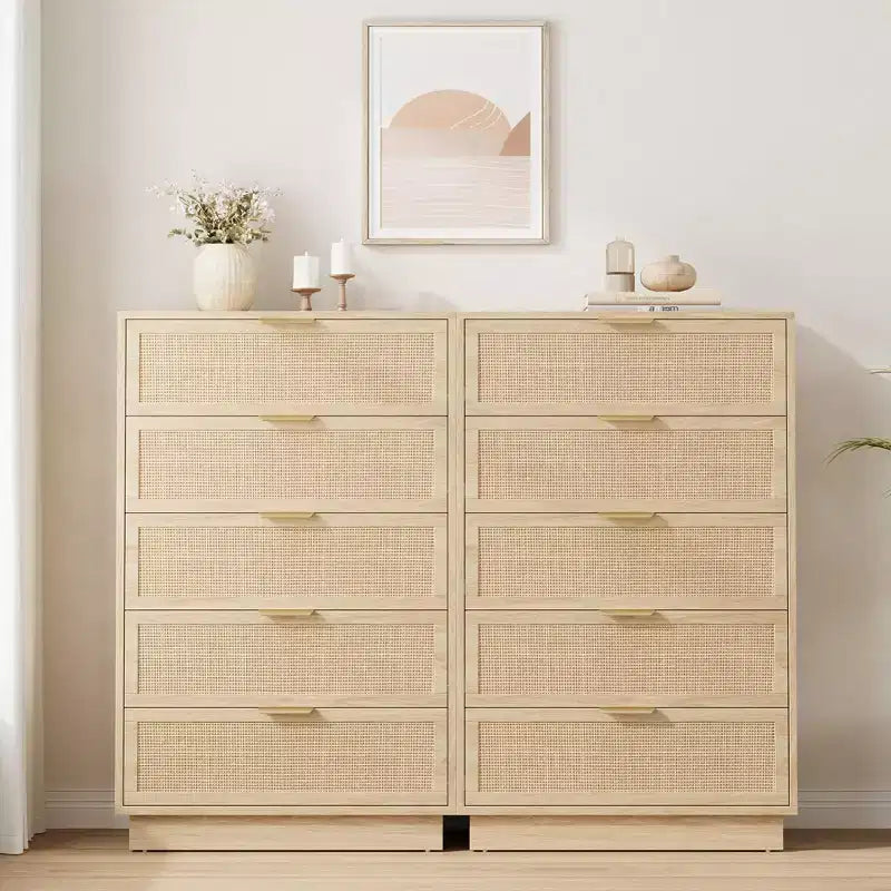 Comodino a 5 cassetti in rattan per camera da letto, corpo e gambe del mobile integrati, cassettiera in legno per corridoi, ingressi e armadi, facile montaggio