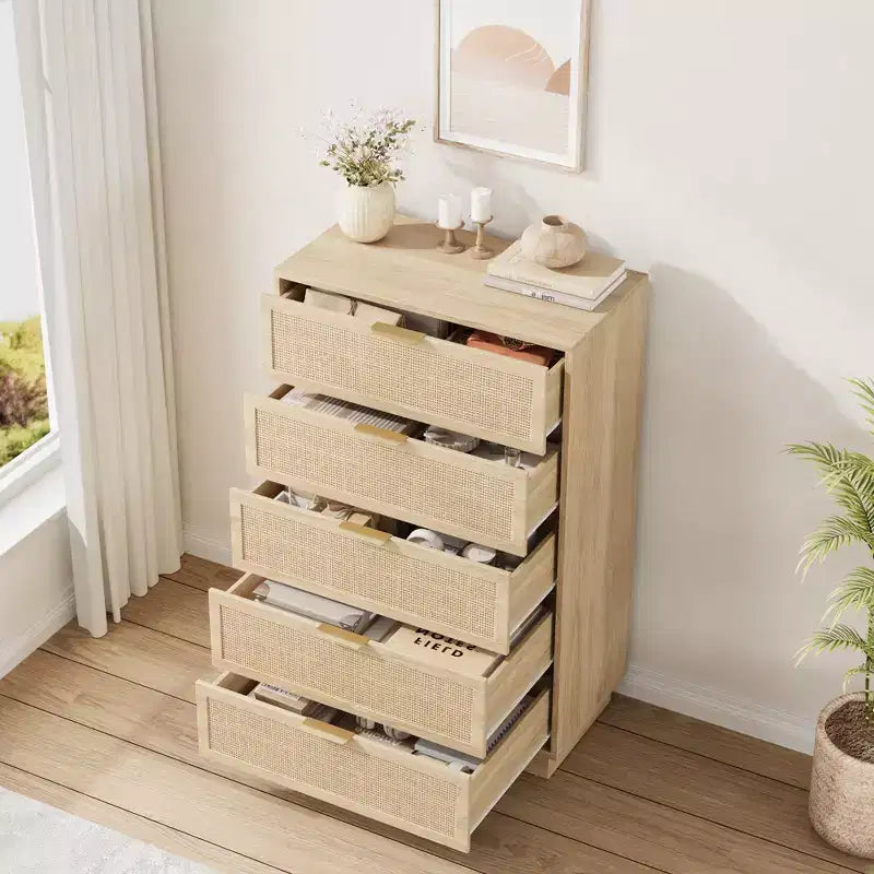 Comodino a 5 cassetti in rattan per camera da letto, corpo e gambe del mobile integrati, cassettiera in legno per corridoi, ingressi e armadi, facile montaggio