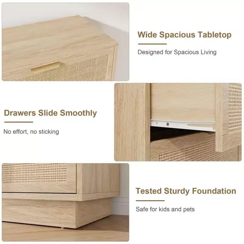 Comodino a 5 cassetti in rattan per camera da letto, corpo e gambe del mobile integrati, cassettiera in legno per corridoi, ingressi e armadi, facile montaggio