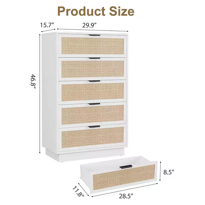 Comodino a 5 cassetti in rattan per camera da letto, corpo e gambe del mobile integrati, cassettiera in legno per corridoi, ingressi e armadi, facile montaggio