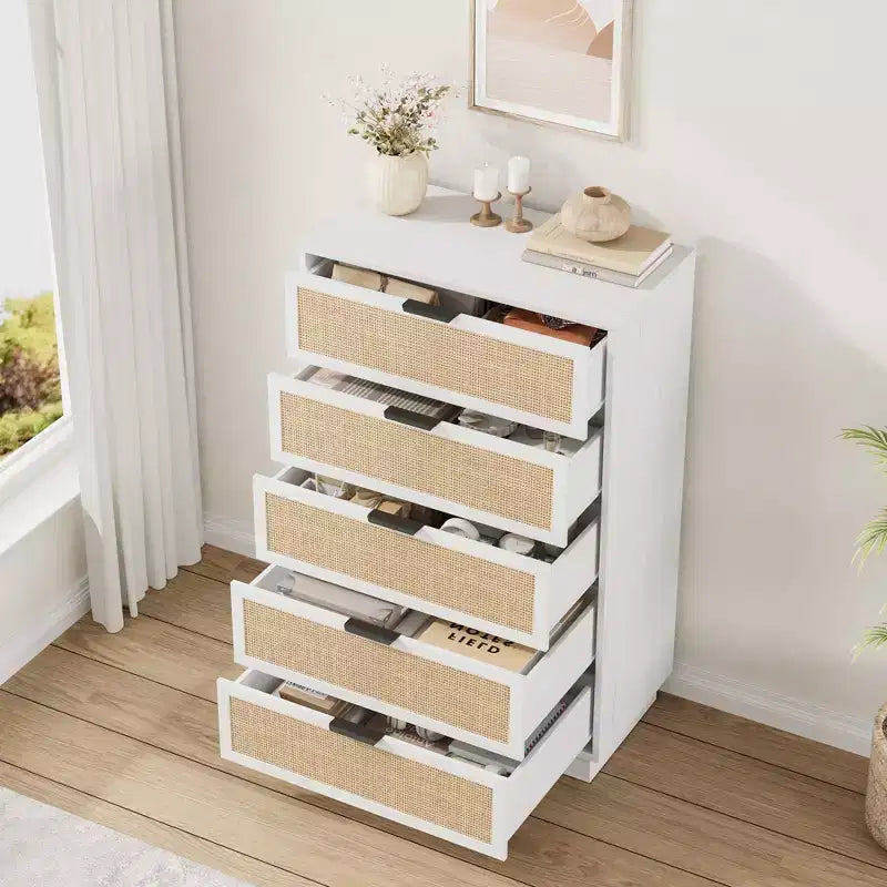 Comodino a 5 cassetti in rattan per camera da letto, corpo e gambe del mobile integrati, cassettiera in legno per corridoi, ingressi e armadi, facile montaggio
