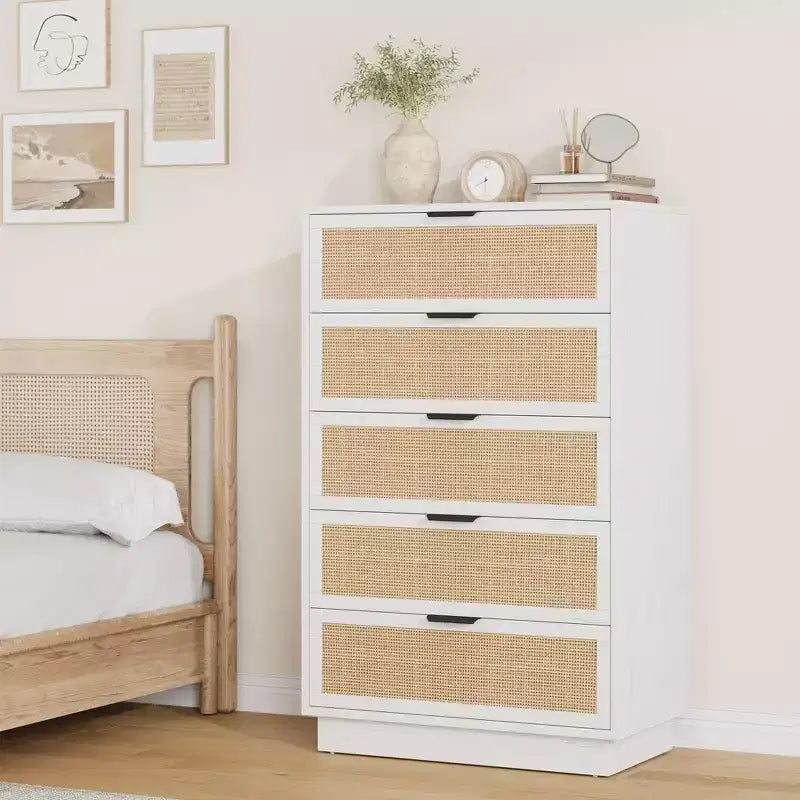 Comodino a 5 cassetti in rattan per camera da letto, corpo e gambe del mobile integrati, cassettiera in legno per corridoi, ingressi e armadi, facile montaggio