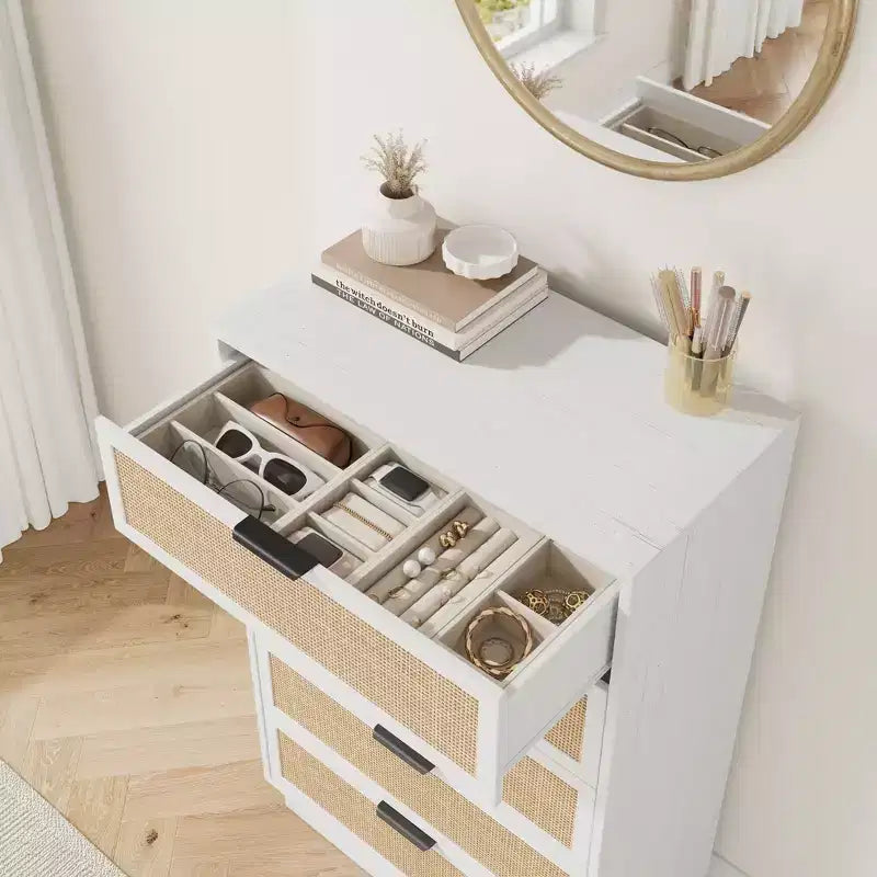 Comodino a 5 cassetti in rattan per camera da letto, corpo e gambe del mobile integrati, cassettiera in legno per corridoi, ingressi e armadi, facile montaggio