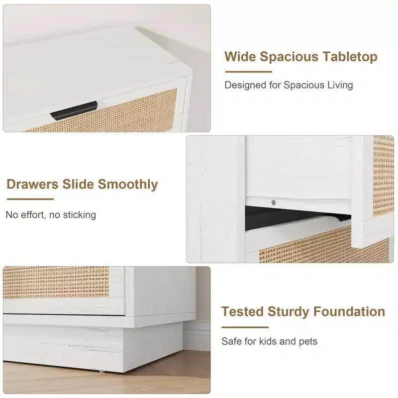Comodino a 5 cassetti in rattan per camera da letto, corpo e gambe del mobile integrati, cassettiera in legno per corridoi, ingressi e armadi, facile montaggio