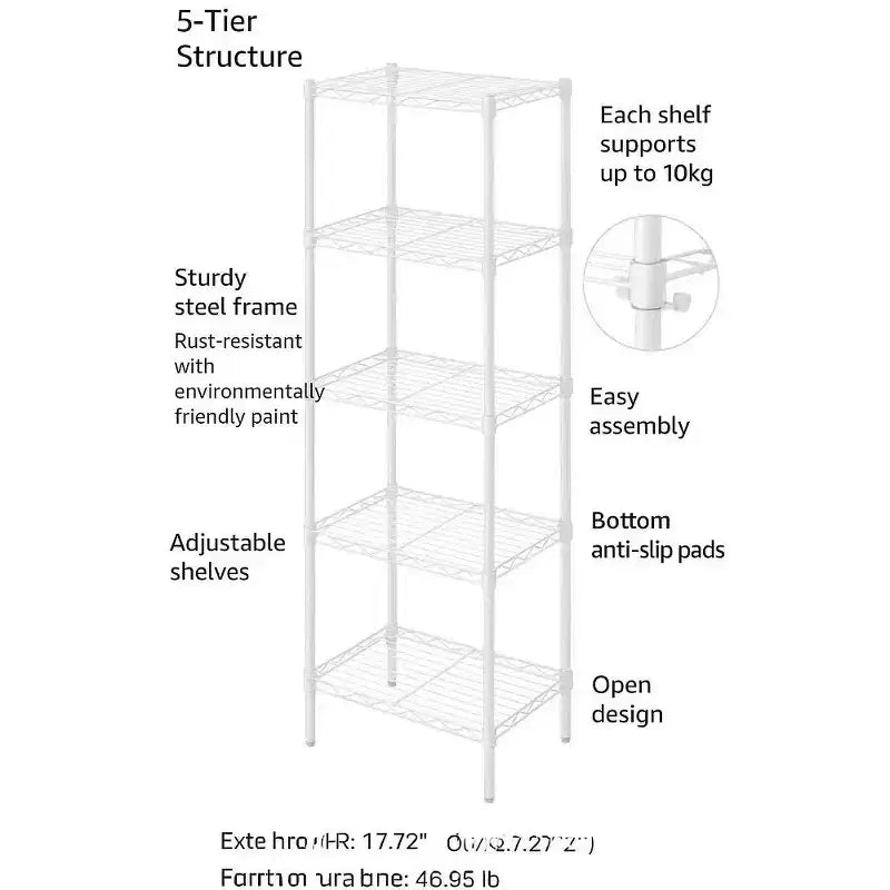 Scaffalatura a 5 ripiani in filo metallico, Scaffale piccolo da cucina regolabile in metallo per dispensa, 139,7 A x 45 L x 35 P cm