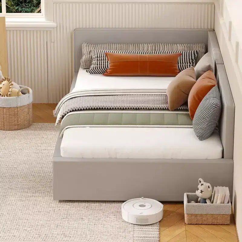 Letto a giorno singolo con cassetti contenitori, struttura letto angolare imbottita in velluto con sponde, grigio chiaro o beige