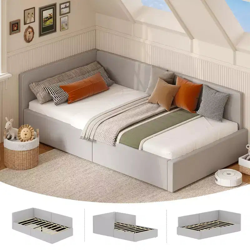 Letto a giorno singolo con cassetti contenitori, struttura letto angolare imbottita in velluto con sponde, grigio chiaro o beige