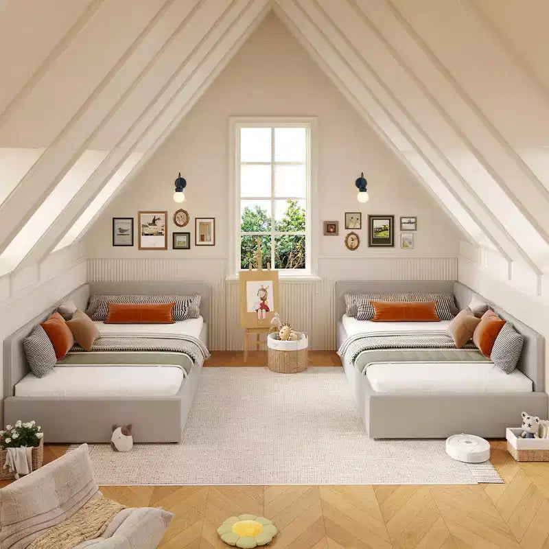 Letto a giorno singolo con cassetti contenitori, struttura letto angolare imbottita in velluto con sponde, grigio chiaro o beige