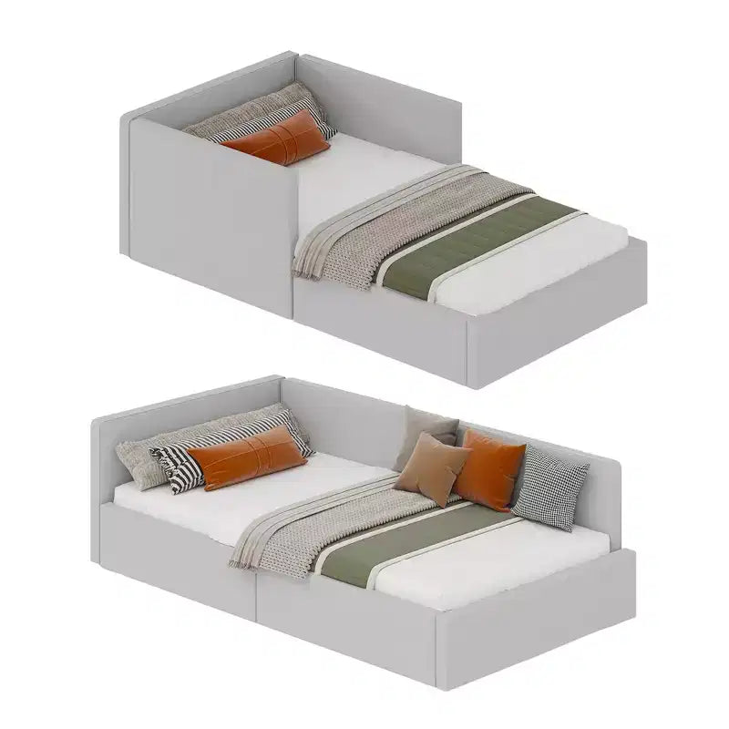 Letto a giorno singolo con cassetti contenitori, struttura letto angolare imbottita in velluto con sponde, grigio chiaro o beige