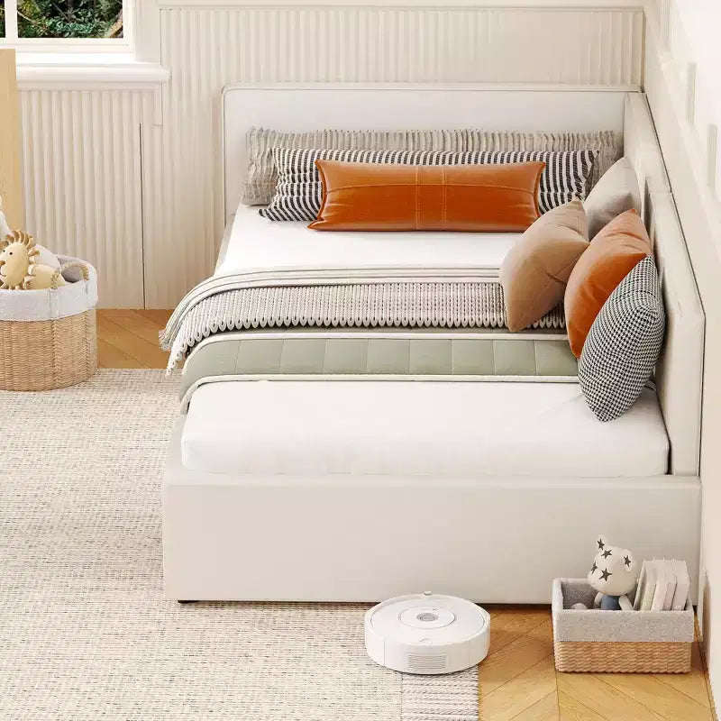 Letto a giorno singolo con cassetti contenitori, struttura letto angolare imbottita in velluto con sponde, grigio chiaro o beige