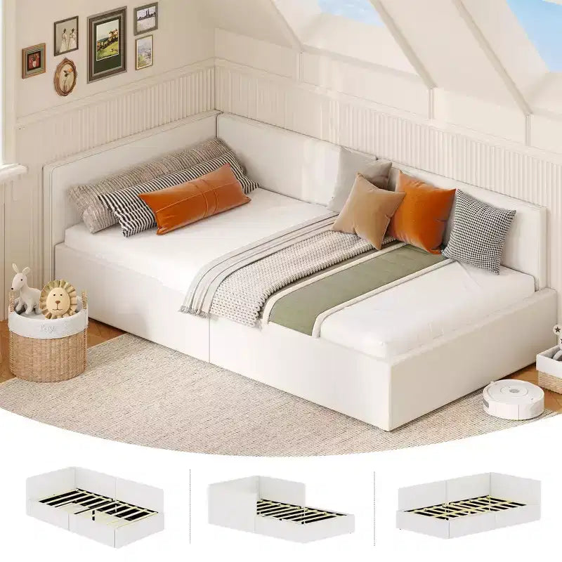 Letto a giorno singolo con cassetti contenitori, struttura letto angolare imbottita in velluto con sponde, grigio chiaro o beige