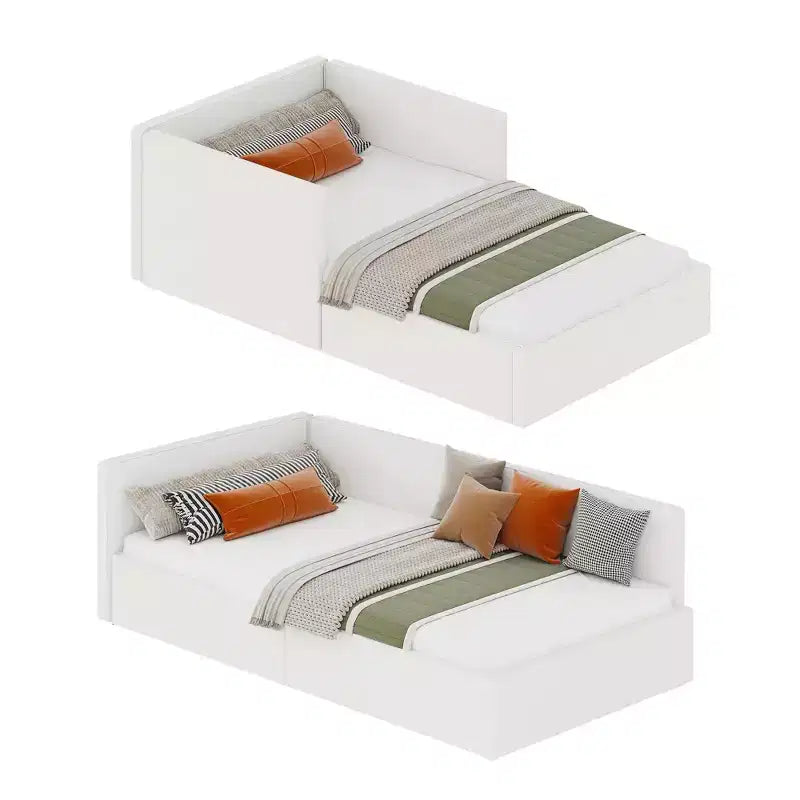 Letto a giorno singolo con cassetti contenitori, struttura letto angolare imbottita in velluto con sponde, grigio chiaro o beige