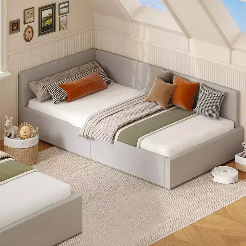 Letto a giorno singolo con cassetti contenitori, struttura letto angolare imbottita in velluto con sponde, grigio chiaro o beige
