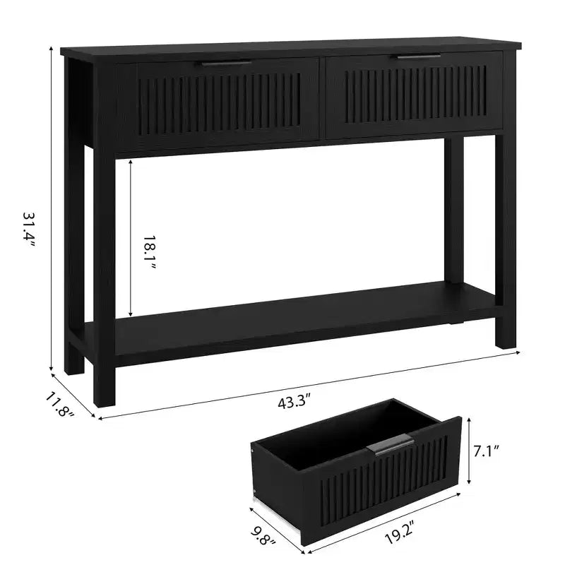 43.3 Consolle retrò C in legno caldo con finitura vintage e 2 cassetti per soggiorno e corridoio - Nero