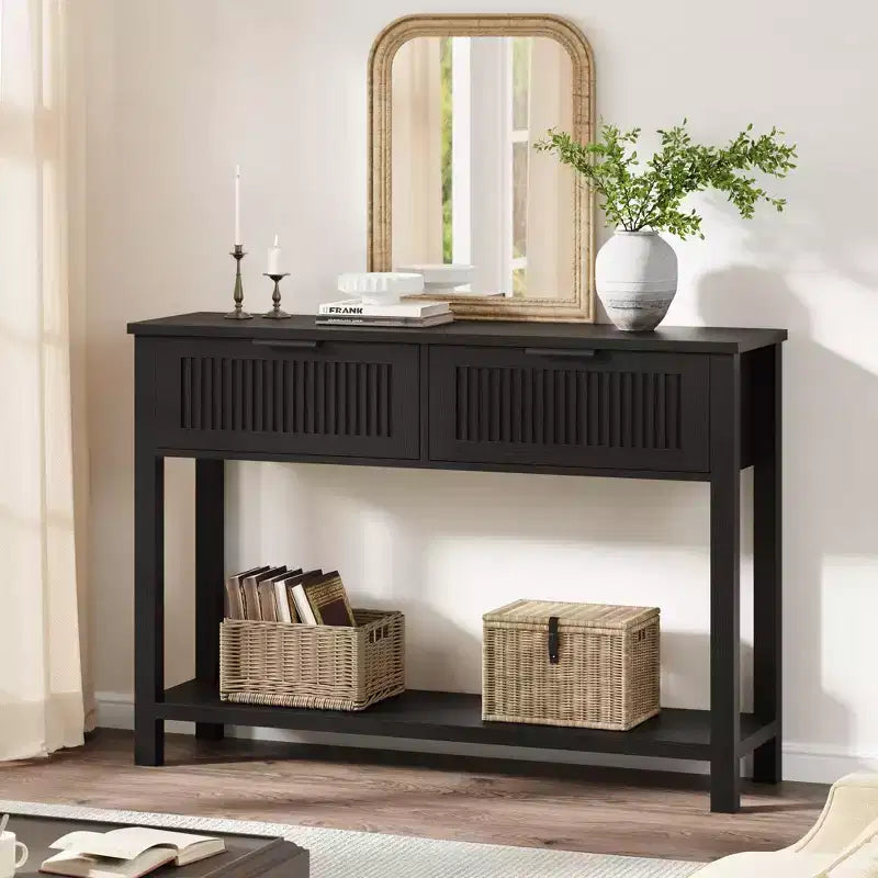 43.3 Consolle retrò C in legno caldo con finitura vintage e 2 cassetti per soggiorno e corridoio - Nero