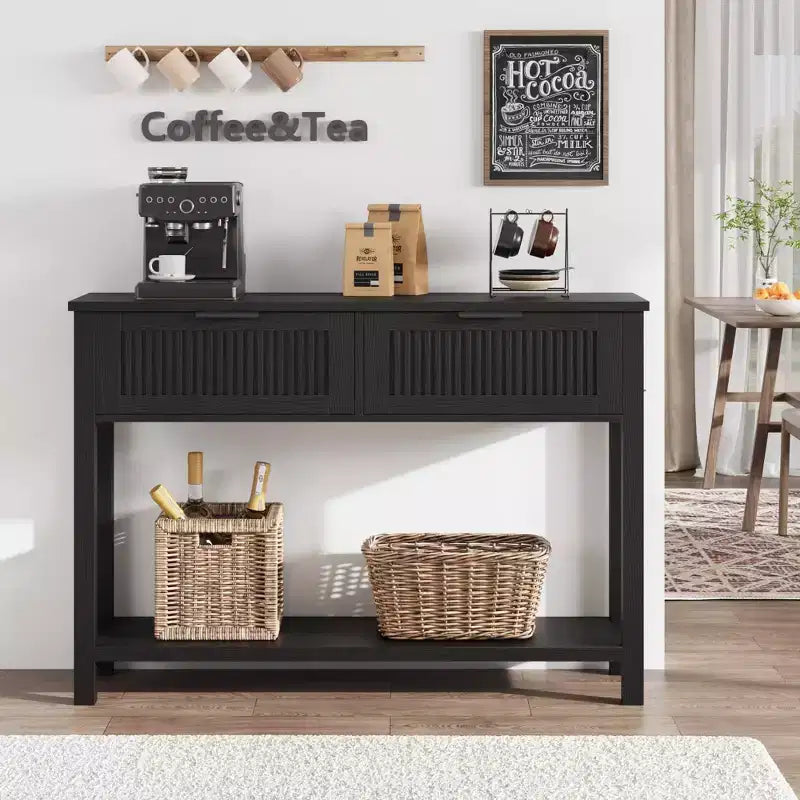 43.3 Consolle retrò C in legno caldo con finitura vintage e 2 cassetti per soggiorno e corridoio - Nero