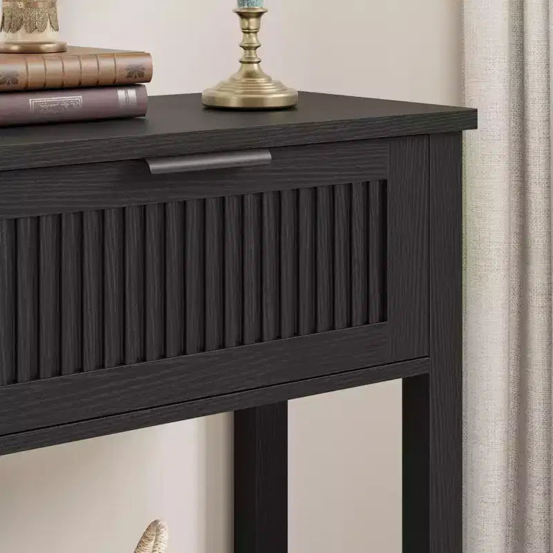 43.3 Consolle retrò C in legno caldo con finitura vintage e 2 cassetti per soggiorno e corridoio - Nero