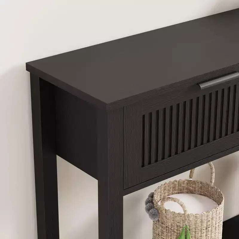 43.3 Consolle retrò C in legno caldo con finitura vintage e 2 cassetti per soggiorno e corridoio - Nero