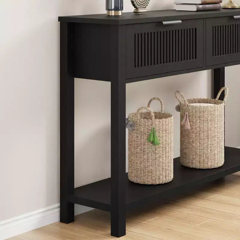 43.3 Consolle retrò C in legno caldo con finitura vintage e 2 cassetti per soggiorno e corridoio - Nero