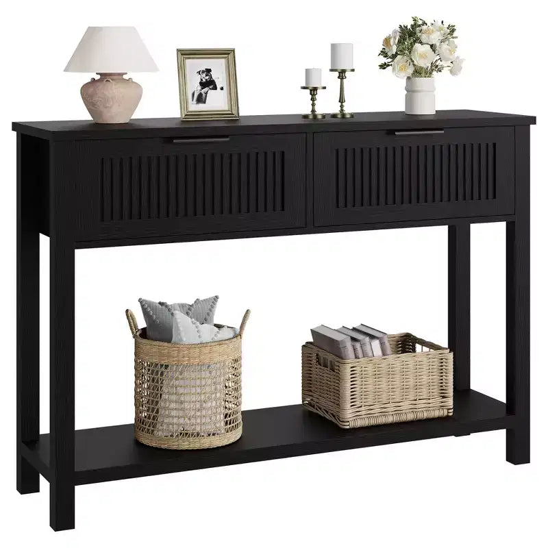 43.3 Consolle retrò C in legno caldo con finitura vintage e 2 cassetti per soggiorno e corridoio - Nero