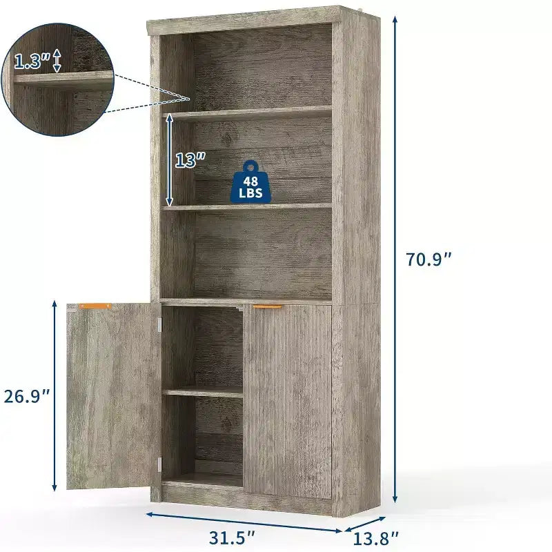 Scaffale alto e libreria, libreria larga 80 cm con cassetto e ante, libreria rustica con contenitore, mobile in legno con 5 ripiani espositivi