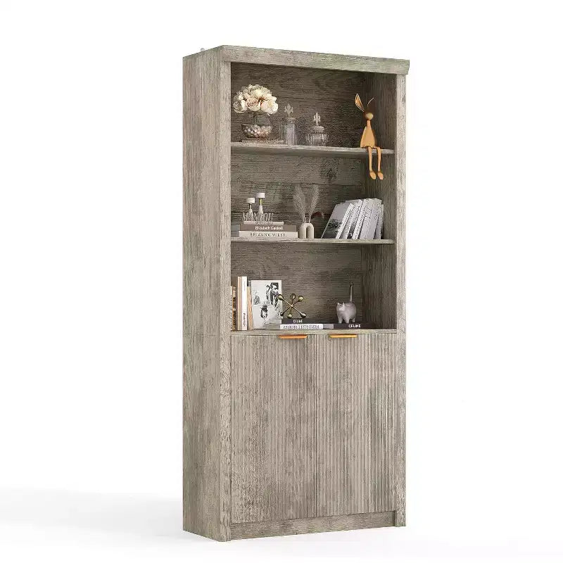 Scaffale alto e libreria, libreria larga 80 cm con cassetto e ante, libreria rustica con contenitore, mobile in legno con 5 ripiani espositivi