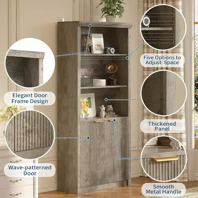 Scaffale alto e libreria, libreria larga 80 cm con cassetto e ante, libreria rustica con contenitore, mobile in legno con 5 ripiani espositivi
