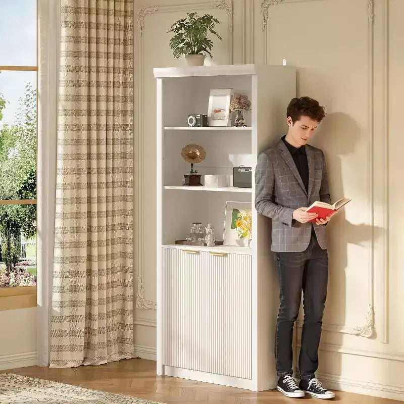 Scaffale alto e libreria, libreria larga 80 cm con cassetto e ante, libreria rustica con contenitore, mobile in legno con 5 ripiani espositivi