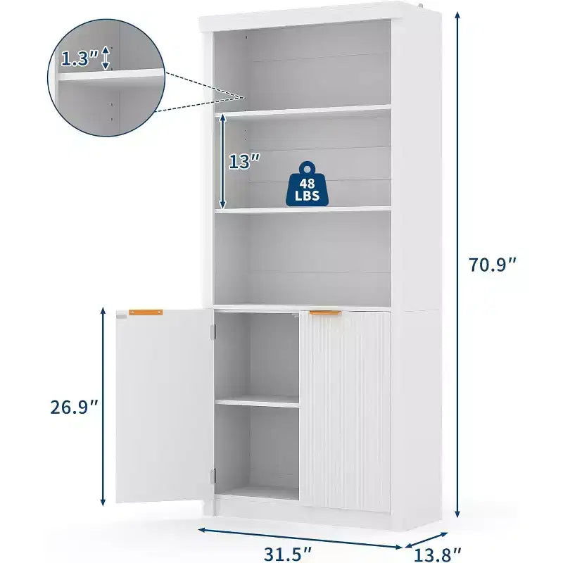 Scaffale alto e libreria, libreria larga 80 cm con cassetto e ante, libreria rustica con contenitore, mobile in legno con 5 ripiani espositivi