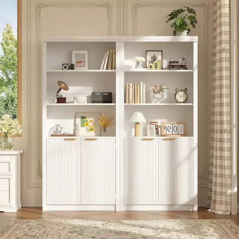 Scaffale alto e libreria, libreria larga 80 cm con cassetto e ante, libreria rustica con contenitore, mobile in legno con 5 ripiani espositivi