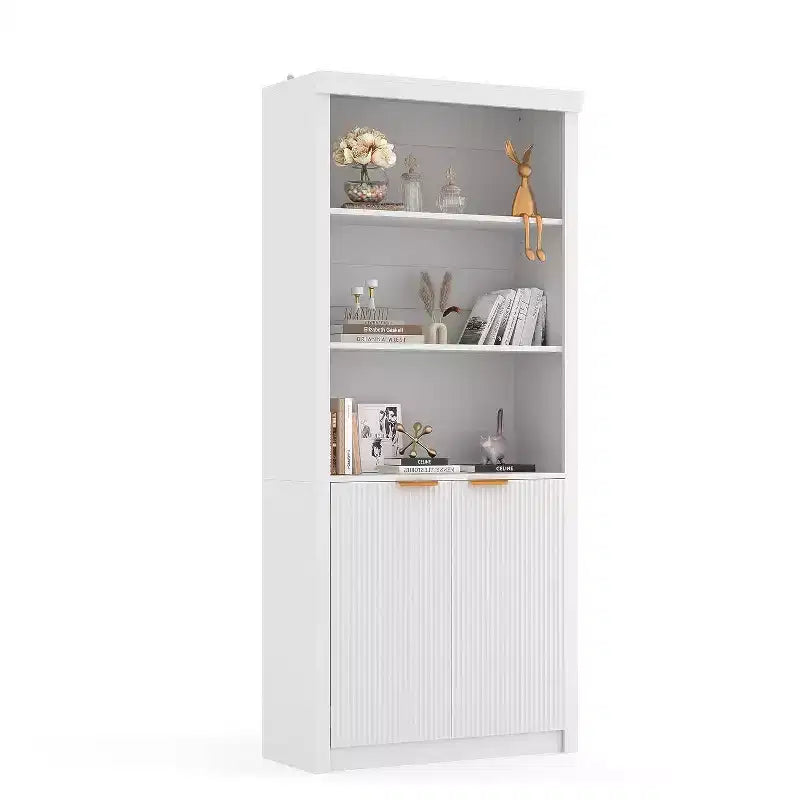Scaffale alto e libreria, libreria larga 80 cm con cassetto e ante, libreria rustica con contenitore, mobile in legno con 5 ripiani espositivi