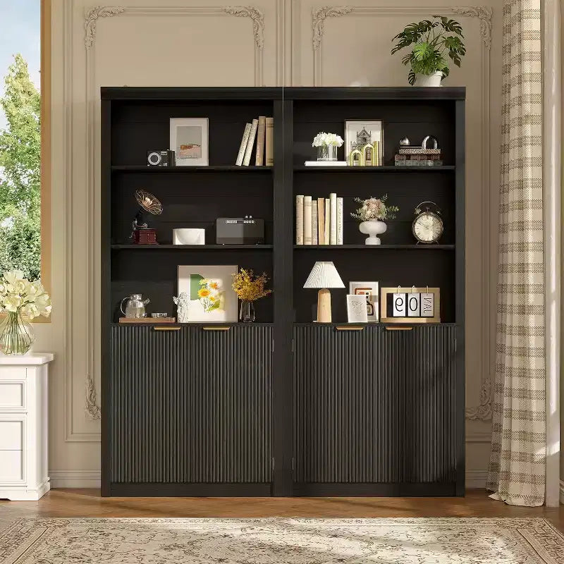 Scaffale alto e libreria, libreria larga 80 cm con cassetto e ante, libreria rustica con contenitore, mobile in legno con 5 ripiani espositivi