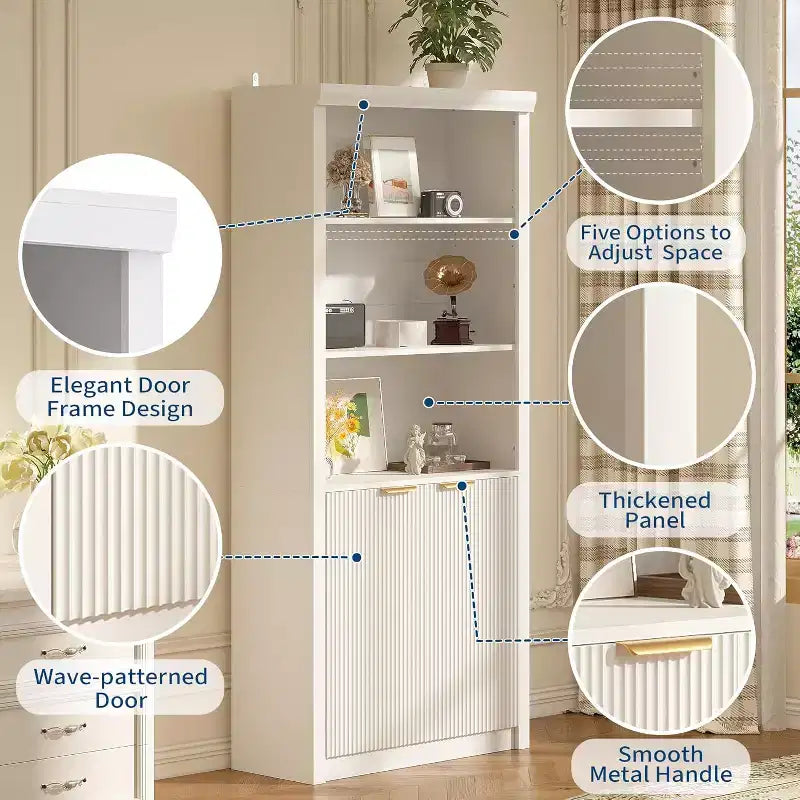 Scaffale alto e libreria, libreria larga 80 cm con cassetto e ante, libreria rustica con contenitore, mobile in legno con 5 ripiani espositivi
