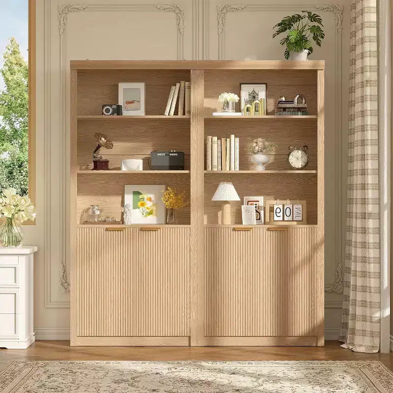 Scaffale alto e libreria, libreria larga 80 cm con cassetto e ante, libreria rustica con contenitore, mobile in legno con 5 ripiani espositivi