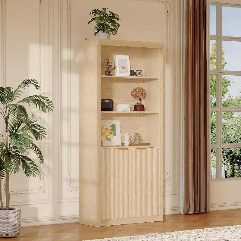 Scaffale alto e libreria, libreria larga 80 cm con cassetto e ante, libreria rustica con contenitore, mobile in legno con 5 ripiani espositivi