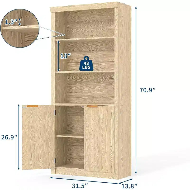 Scaffale alto e libreria, libreria larga 80 cm con cassetto e ante, libreria rustica con contenitore, mobile in legno con 5 ripiani espositivi