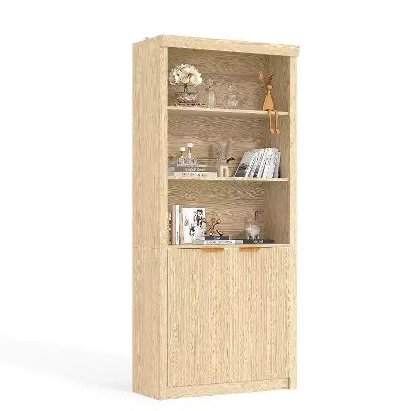 Scaffale alto e libreria, libreria larga 80 cm con cassetto e ante, libreria rustica con contenitore, mobile in legno con 5 ripiani espositivi