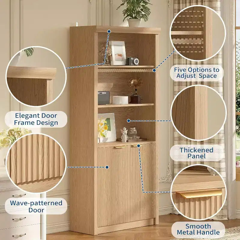 Scaffale alto e libreria, libreria larga 80 cm con cassetto e ante, libreria rustica con contenitore, mobile in legno con 5 ripiani espositivi