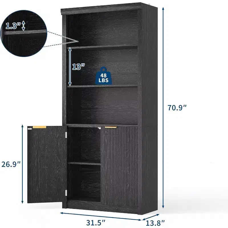 Scaffale alto e libreria, libreria larga 80 cm con cassetto e ante, libreria rustica con contenitore, mobile in legno con 5 ripiani espositivi